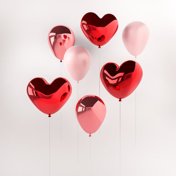 Set of red and pink glossy 3d realistic balloons in heart shape with stick. Valentine's Day or wedding day romantic themes for party, events, presentation or other promotion banner, posters.