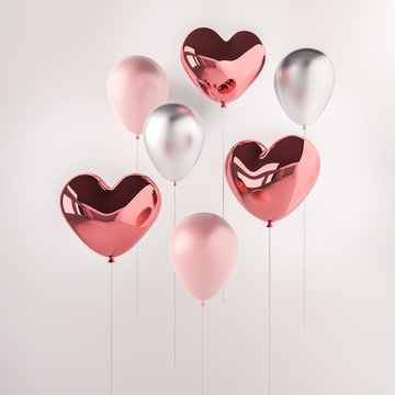 Set of pink and silver glossy 3d realistic balloons in heart shape on white background. Valentine's Day or wedding day romantic themes for party, events, presentation or promotion banner, posters