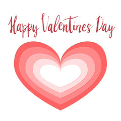 Happy Valentines day hand written brush lettering with paper cut style heart design.