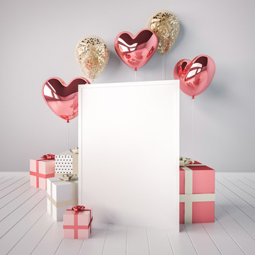Poster mock up with pink and golden glossy 3d realistic balloons in heart shape with stick. Valentine's Day or wedding day romantic themes for party, events, social media or promotion banner, posters.