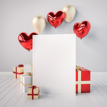 Poster mock up with red and golden glossy 3d realistic balloons in heart shape with stick. Valentine's Day or wedding day romantic themes for party, events, social media or promotion banner, posters.