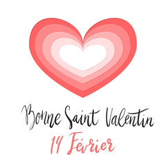 Bonne Saint Valentin Happy Valentines day hand written brush lettering with paper cut style heart design.