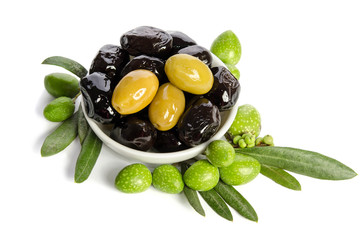 Black and green  olives  mixed in the  porcelain bowl isolated on white background
