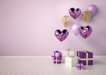 Set of purple, violet and golden glossy 3d realistic balloons in heart shape. Valentine's Day or wedding day romantic background for party, events, presentation or promotion banner, posters.