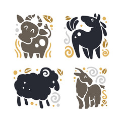 Vector flat cute funny hand drawn animal silhouette isolated on white background - cow, horse, sheep and goat. Perfect for children goods store logo insignia, kid clothes and accessory prints, zoo
