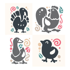 Vector flat cute funny hand drawn animal silhouette isolated on white background - turkey, cockerel, goose and chicken. Perfect for children goods shop logo, kid clothes and accessory prints, zoo logo