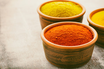 Wooden table of colorful spices