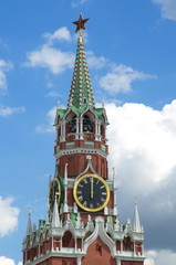 Fragment of Spasskaya tower of Moscow Kremlin with chimes, Russia