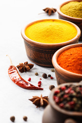 Wooden table of colorful spices