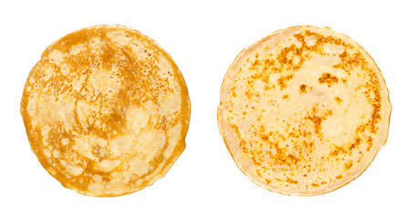 Fototapeta na wymiar homemade russian pancake isolated on white background, close-up, top view