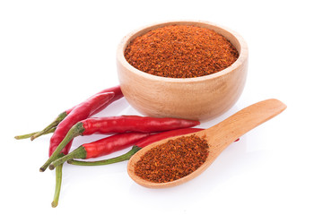 Pile of red paprika powder on spoon wooden