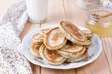 Homemade pancakes with poppy seeds for tasty healthy breakfast