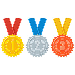 Gold, silver and bronze medal for first, second and third place in competition. Achievement sign, symbols of success and victory. Business award and sports prize. Flat vector cartoon objects.