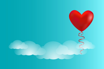 Fototapeta na wymiar Valentine's day illustration. Red heart as balloon in the sky