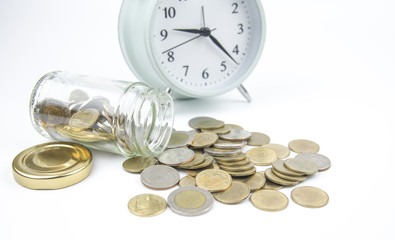 Saving money into bottle for cash in future investment background.