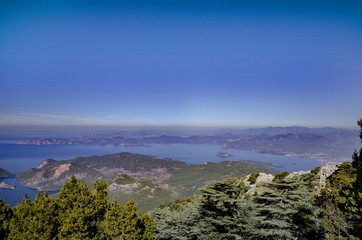 View from the slopes of Mount Babadag on the sea, Turkey. In the foreground Lebanese-skinheads, and...