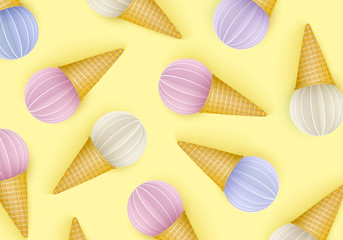 Summertime, Ice cream cone background, 3D, Punchy Pastels style. Regular pattern, paper cut style. Minimal summer food concept. Vector illustration