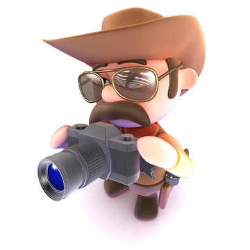 3d Funny cartoon cowboy sheriff taking a picture with a camera