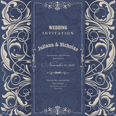 Wedding invitation cards  baroque style blue and beige. Vintage  Pattern. Retro Victorian ornament. Frame with flowers elements. Vector illustration.