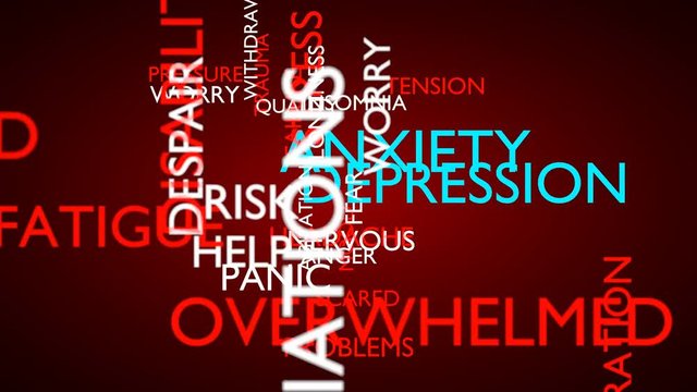 Anxiety, depression, word tag cloud. 3D rendering, loop able, red variant, UHD