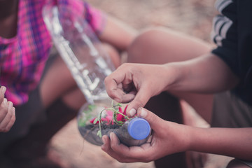 Closeup to Students are planting trees in plastic bottles.