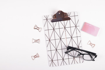 Girlie set of school supplies with plain pencil pen, blank to do list notebook sheets, empty check box. Writer's workspace, teacher's tabletop, hipster, girly, minimalistic flat lay composition.