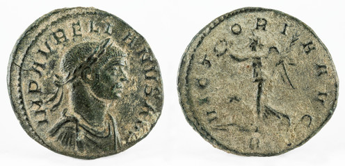 Ancient Roman copper coin of Emperor Aurelian. Denarius.