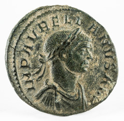 Ancient Roman copper coin of Emperor Aurelian. AE Denarius. Obverse.