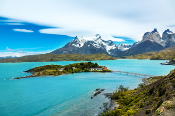 Pehoe lake and Guernos mountains beautiful landscape, national park Torres del Paine, Patagonia, Chile, South America  
