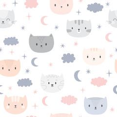 Cute seamless pattern for kids with cartoon little cats. Children background. Lovely animals