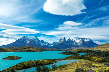 Pehoe lake and Guernos mountains beautiful landscape, national park Torres del Paine, Patagonia,...