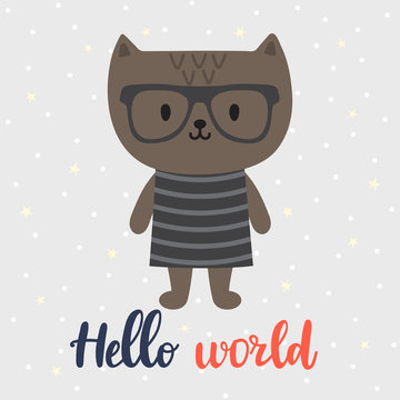 Hello world. Cute little cat. Greeting card or postcard. Beautiful background for kids. Baby shower