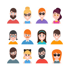 Male and female portraits. People avatars collection. Simple flat cartoon style. Men, boys, girls and women characters