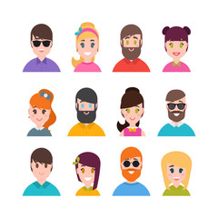 People avatars collection. Simple flat cartoon style. Male and female portraits. Men, boys, girls and women characters