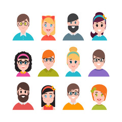 People avatars collection. Simple flat cartoon style. Men, boys, girls and women characters. Male and female portraits