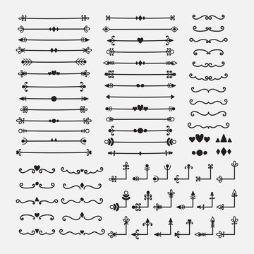 Lines, borders and dividers. Hand drawn calligraphic design elements. Set of decorative symbols in doodle style. Corners and separators collection