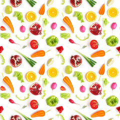 Food texture. Seamless pattern of various fresh vegetables and fruits isolated on white background, top view, flat lay. 