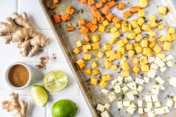 Healthy flatly of fresh food and ethnic cooking for backgrounds and banners and social media