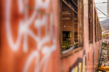 Fototapeta premium Belgrade, Serbia March 21, 2016: Abandoned and destroyed trains