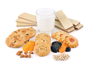 Wafers and oatmeal cookies on a white background.
