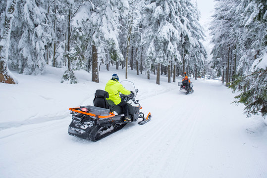 Snowmobile, winter forest, white snow, nature