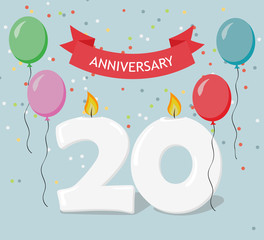 Twenty years anniversary greeting card with candels, confetti and balloons