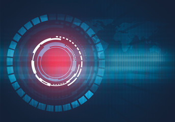 Abstract digital illustration of round technology interface concept with world map and binary code background. Red light spot.