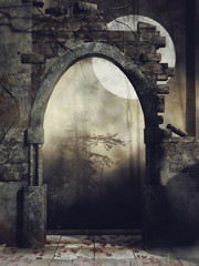 Stary mur w lesie na tle księżyca © Obsidian Fantasy