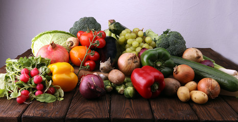 Composition with variety of raw organic vegetables and fruits. Balanced diet