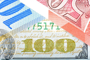 Various money bills. Dollar, franc, pound