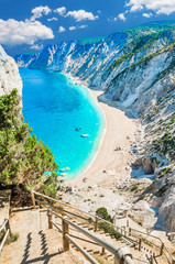 Famous Platia Ammos beach in Kefalonia island, Greece. The beach was affected by the earthquake in...