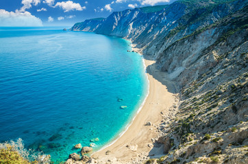 Obraz premium Famous Platia Ammos beach in Kefalonia island, Greece. The beach was affected by the earthquake in the spring of 2014 and it is very difficult to go down on the beach.
