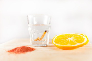Mezcal with orange slices and worm salt