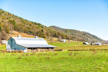 Rural West Virginia farm countryside mountain scenery in Green Bank, WV in autumn, fall wooden building shed